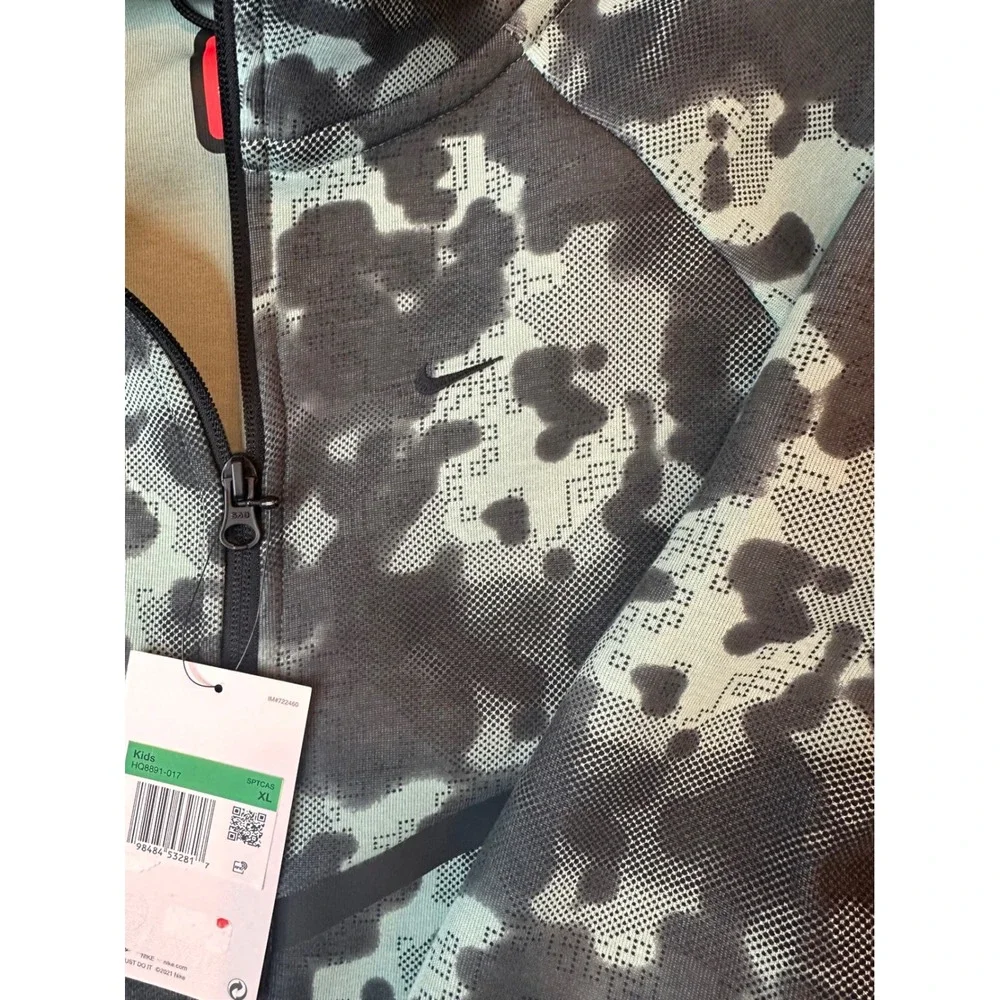Nike Boys Tech Fleece Full Zip Hoodie Digital Camo Grey Mint HQ8891-017 XL